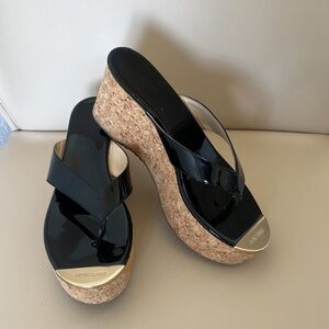 Jimmy Choo Pathos thong wedge sandal 6.5, 3”platform patent leather.